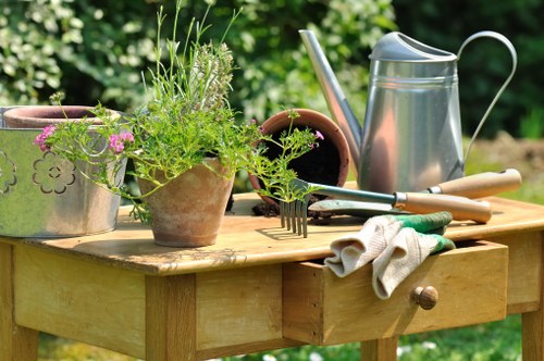 Sorting station showing garden waste and recycling bins